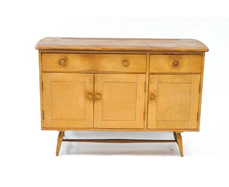 A small Ercol beech and elm sideboard, with two drawers over a cupboard base, 124cm wide x 83cm high x 46cm deep