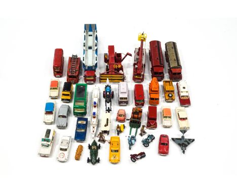 A collection of Dinky and Corgi cars, including a Triang steam ship, a Carrimore car transporter, and a Simon Snorkel fire en