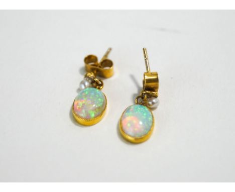 A pair of Opal and seed pearl drop earrings