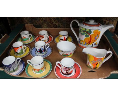 A BOX CONTAINING A SELECTION OF REPRODUCTION RE-ISSUED CLARICE CLIFF DESIGN COFFEE CUPS &amp; SAUCERS limited edition, togeth