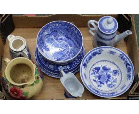 A BOX CONTAINING A GOOD SELECTION OF DOMESTIC PORCELAIN &amp; POTTERY to include Copeland Spode 