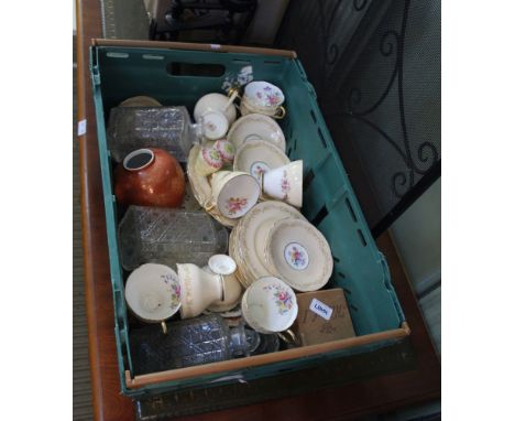 A BIGWOOD CRATE (TO BE RETURNED) CONTAINING THREE HOBNAIL CUT SQUARE FORMED DECANTERS together with a Paragon china part tea 