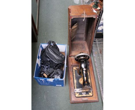 A BOX CONTAINING A SELECTION OF CAMERAS &amp; ACCESSORIES, together with a wooden cased manual sewing machine 