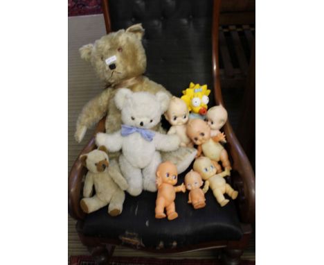 THREE TEDDY BEARS, six Kewpie dolls &amp; Maggie Simpson 