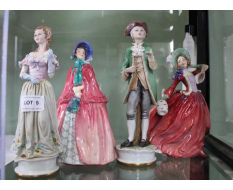 FOUR VARIOUS CERAMIC FIGURINES, to include Royal Doulton ladies 