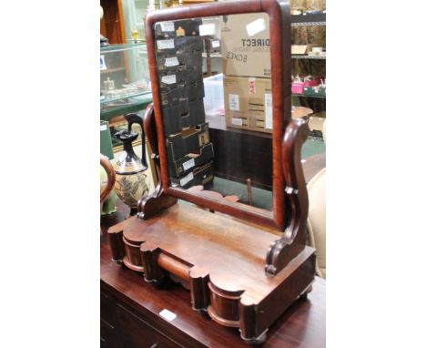 A WELL MADE 19TH CENTURY MAHOGANY FINISHED ADJUSTABLE DRESSING TABLE TOPPED MIRROR on fancy shaped plinth base with three inl