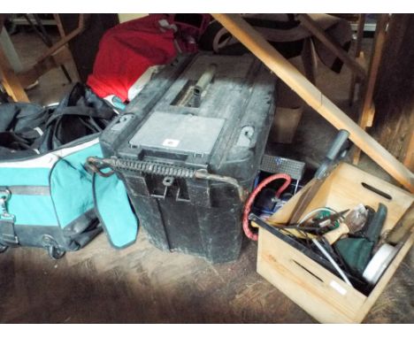 A Makita tool bag on wheels, quantity of workman's belts, small wooden box of tools and a large plastic workbox with contents