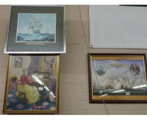 Trafalgar prints, needlework panel framed picture etc 