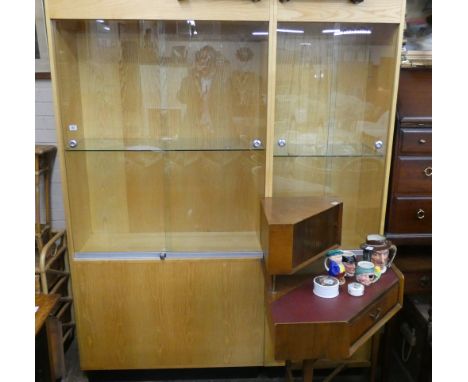 Large light oak glazed locking display cabinets with under tiers and cupboards, lighting and keys 
