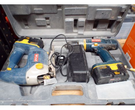 A Ryobi cordless tool kit including cordless drill and cordless jig saw 
