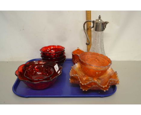 Mixed Lot: Various Carnival glass wares, ruby glass bowls, decanter etc