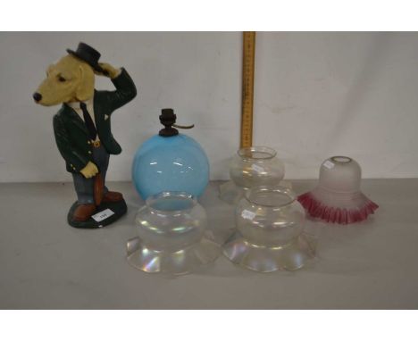 Mixed Lot: Four various glass light shades, a further small table lamp and a composition model of a dog