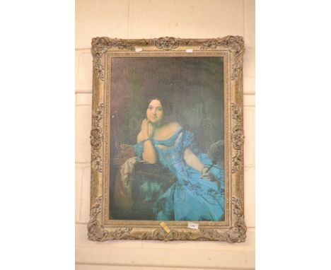 Contemporary oleograph print of a seated lady, framed