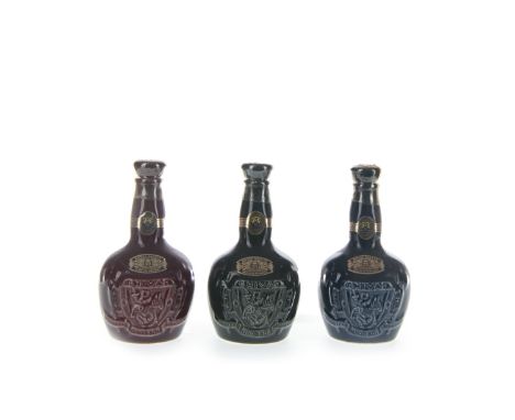 THREE CHIVAS REGAL ROYAL SALUTE MINIATURES Blended Scotch Whisky 50ml, 40% volume, in ruby, emerald and sapphire decanters. T