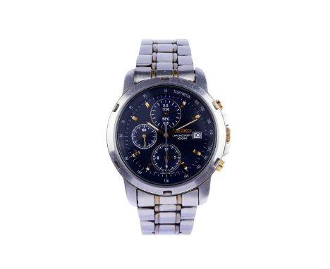 Seiko 100M: a stainless steel cased automatic chronograph wristwatch, ref 7T92-0BF0, serial 360xxx, the dark blue baton dial 