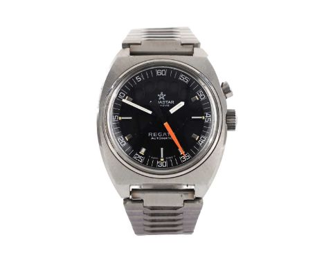 Aquastar Regate: a stainless steel cased countdown wristwatch, ref 9853, serial 8626xxx, the black baton dial with orange chr