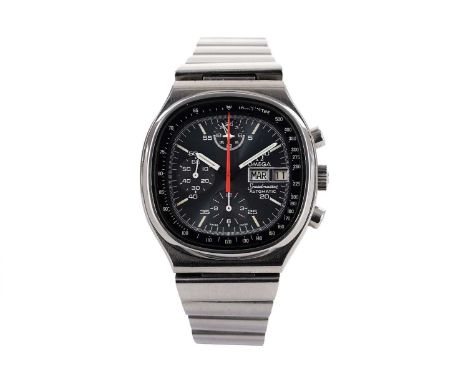 Omega Speedmaster: a stainless-steel cased chronograph wristwatch, ref 176.0014, serial 3760xxx, the black baton dial with re