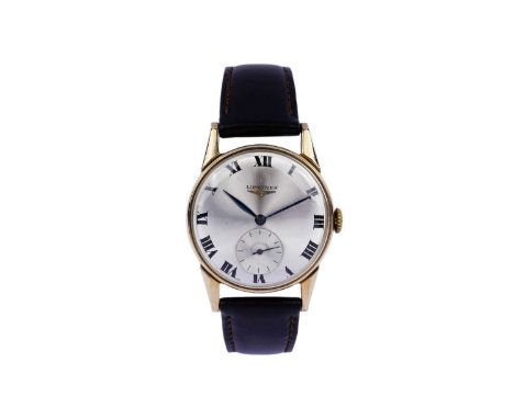 Longines: a 9ct yellow gold cased wristwatch, the silvered Roman dial with subsidiary seconds, fitted 17-jewel manual wind mo