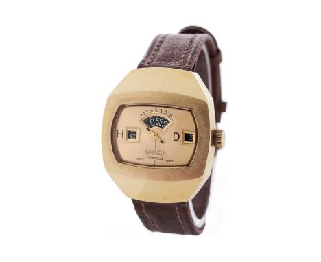 Sicura Jump Hour: a gilt metal cased multi-aperture wristwatch, gilt with dials for date, hour and minute around central seco