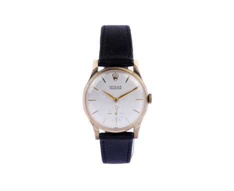 Rolex Precision: a 9ct yellow gold cased wristwatch, the silvered baton dial with subsidiary seconds aperture, fitted 17-jewe