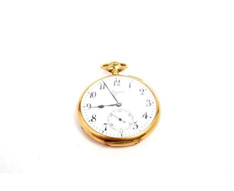 Longines: an 18ct yellow gold pocket watch, the white enamel Arabic dial signed and with subsidiary seconds, fitted manual cr