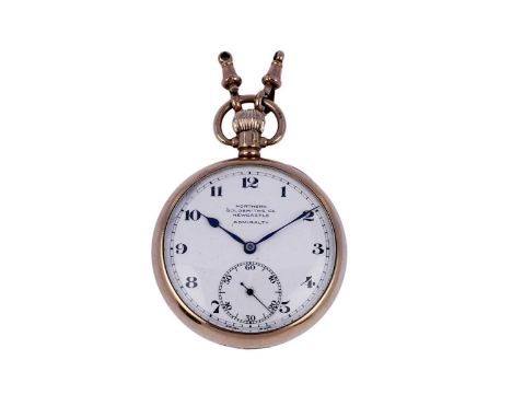 Northern Goldsmiths Co, Newcastle: a 9ct yellow gold cased open faced pocket watch, the white enamel Arabic dial with subsidi