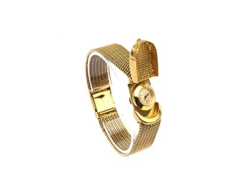 Piaget: an 18ct yellow gold bracelet watch, the mesh link bracelet with buckle design lifting to reveal baton dial watch fitt