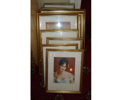 Large selection of various small framed portrait prints depicting mostly female portraits 