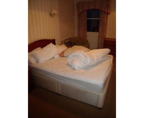 The bedroom contents of room 53, comprising of double bed, pair of two drawer bedside chests, luggage rack, tub chair, desk c