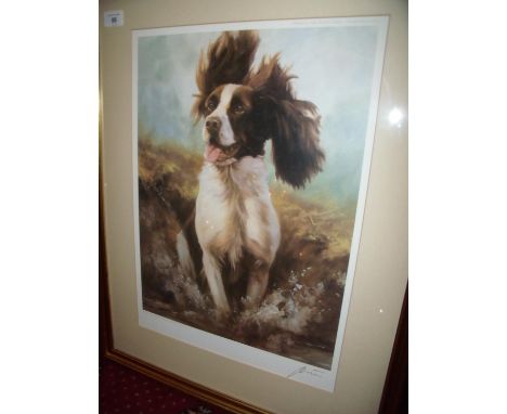 Framed and mounted signed John Trickett print No. 80/850 depicting spaniel (55cm x 69cm) 