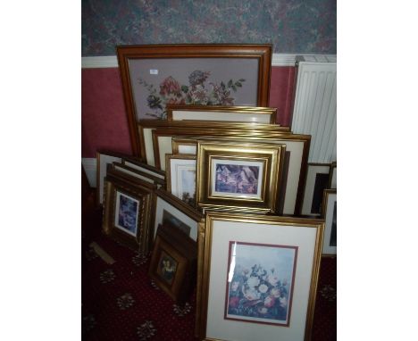 Extremely large selection of framed prints, pictures etc of various subjects including wool work, landscape, portrait etc of 