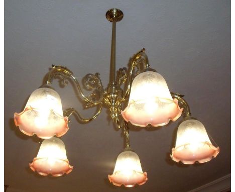 Pair of brass five branch centre light fittings with shades 