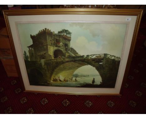 Very large gilt framed and mounted print of classical landscape scene (112cm x 90cm) 