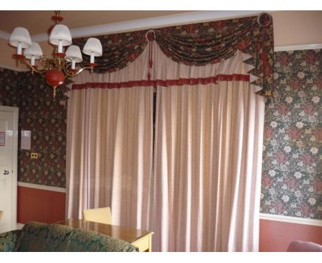 Four curtain sets with draped pelmets with approx. 3m drop and a large twin pair of room divider curtains with pelmets 