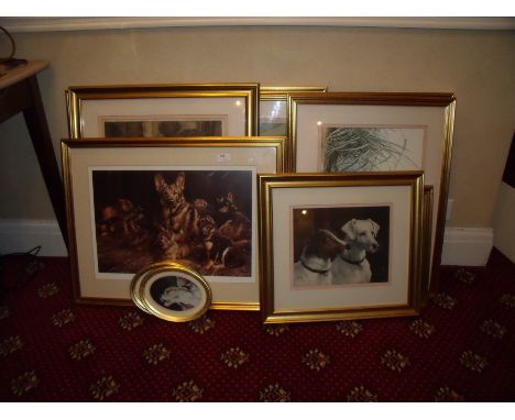 Framed and mounted signed limited edition Mick Cawston print and a large selection of various other dog related prints 
