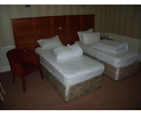 The bedroom contents of room 45, comprising of two single beds, pair of single drawer bedside tables, two tub chairs, luggage