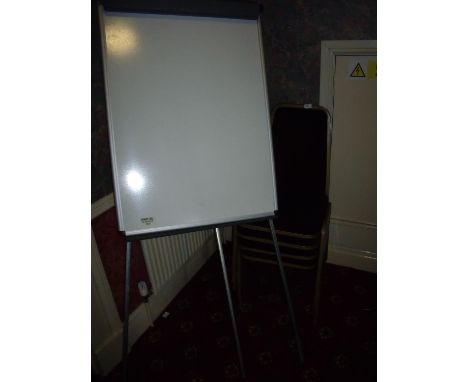 Four stacking chairs, white board, clothes rail, projector screen etc 