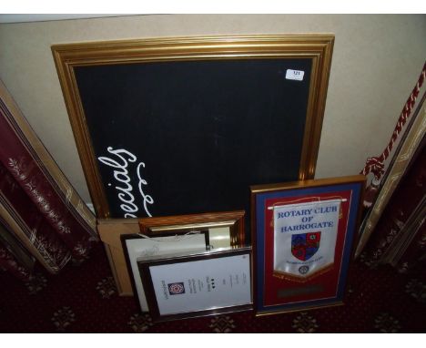 Black board, various notice boards, framed notices, a framed &amp; mounted Rotary Club of Harrogate Pennant etc 