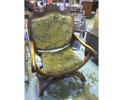 OPEN ARMCHAIR, late 18th/early 19th century Continental oak with foliate tapestry upholstery, on framed supports joined by st