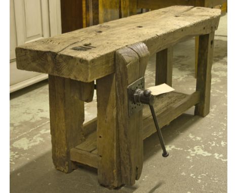WORK BENCH, vintage early 20th century seasoned oak and beech with square supports and undertier, 162cm x 42cm x 71cm H.
