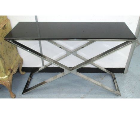 CONSOLE TABLE, polished metal with X frame base, 120cm W x 42cm D x 77cm H. 