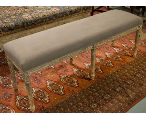 HEARTH STOOL, vintage French style distressed with grey cotton upholstery, 130cm x 38cm. 