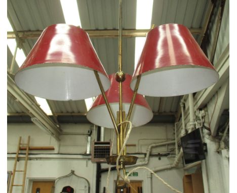 PENDANT CEILING LIGHT, Italian, 1950's, with triform red shades, 107cm H x 50cm W. (with faults)