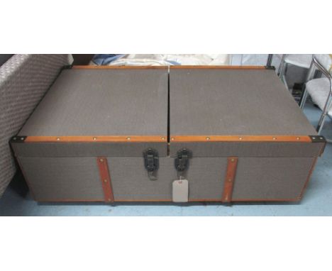 LOW TRUNK COFFEE TABLE, Hessian covered with studded slats, slides open to reveal open compartment, 125cm L x 75cm W x 40cm H