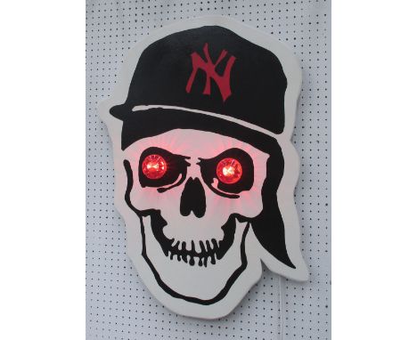 'LARRY THE NEW YORK YANKEES FAN' bespoke sign by Bee Rich, graphic skull with team cap and light up eye detailing, 78cm H x 5