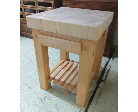 BUTCHERS BLOCK, French vintage beech with end grain metal bound block with drawer and undertier 'Le Gourmand', 61cm x 61cm x 