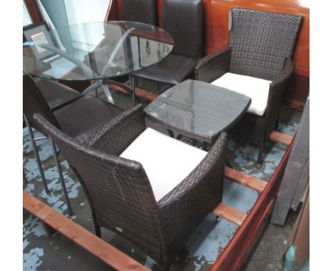 GARDEN CHAIRS, a pair, woven all weather fabric, 60cm W, together with a lamp table. (3)