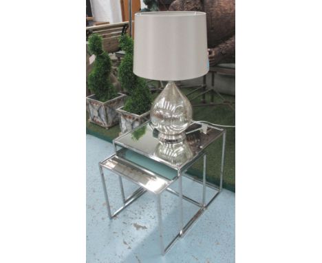 NEST OF TABLES AND SIDE LAMP, two tables with square mirrored tops and box frame chrome supports of a cuboid form, largest 45