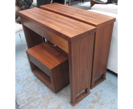 CONSOLE TABLES, a pair, Contemporary wooden design, 120cm W x 30cm D x 92cm H, together with a pair of bedsides to match, 60c
