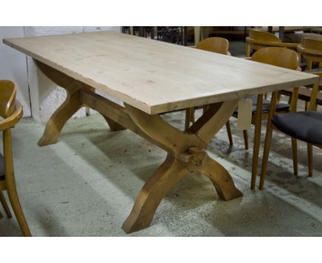 TRESTLE TABLE, vintage pine, rectangular planked and cleated on twin X framed supports, 90cm D x 214cm W x 75cm H.